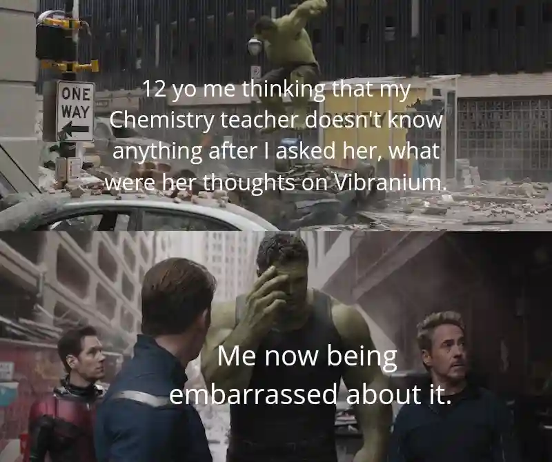 Regretful hulk meme feeling embarrassed after asking chemistry teacher about vibranium
