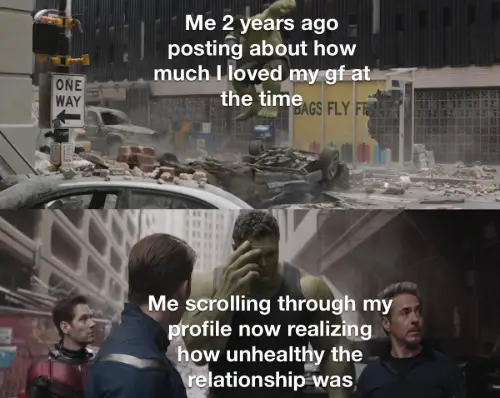 Regretful hulk meme cringing at old relationship posts