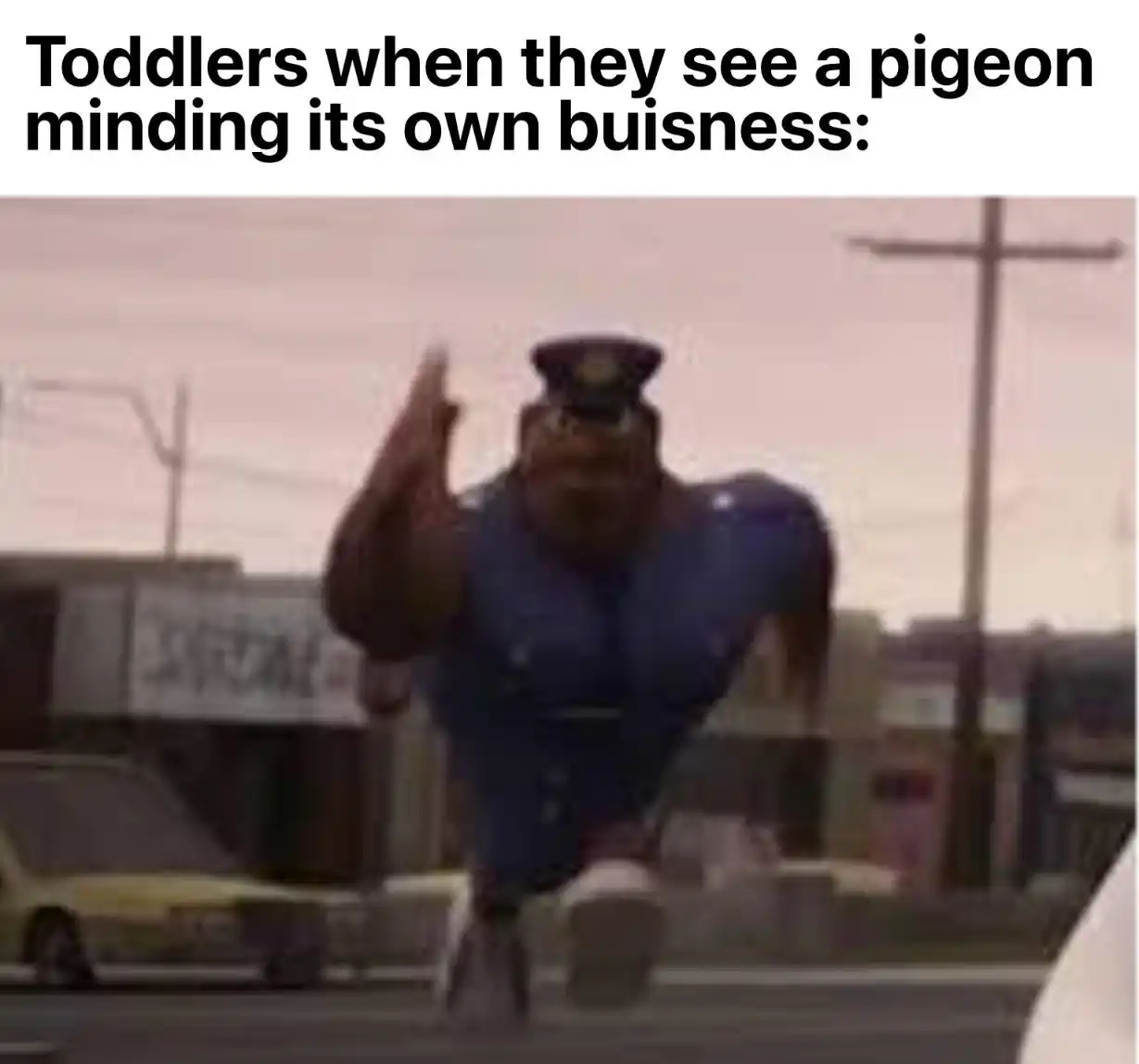 Running officer earl meme chasing pigeon