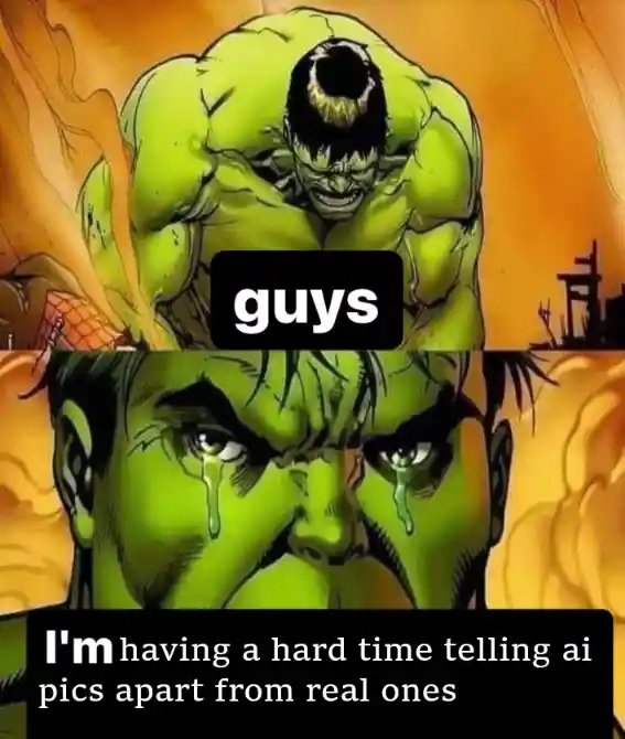 Sad hulk meme crying over AI real pic mix