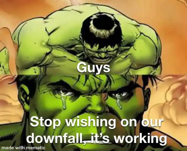 Sad hulk meme crying beg stop downfall