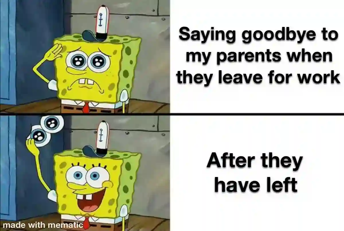 Spongebob saying goodbye to parents meme acting sad then happy