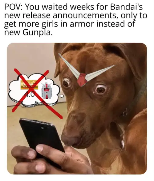 Scared dog looking at phone meme upset no new Gunpla release