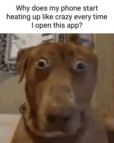 Scared dog meme confused why phone heats up opening app