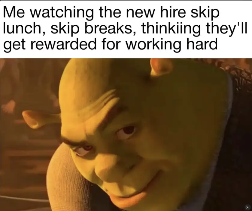 Shrek rizz meme grin at overworked hires