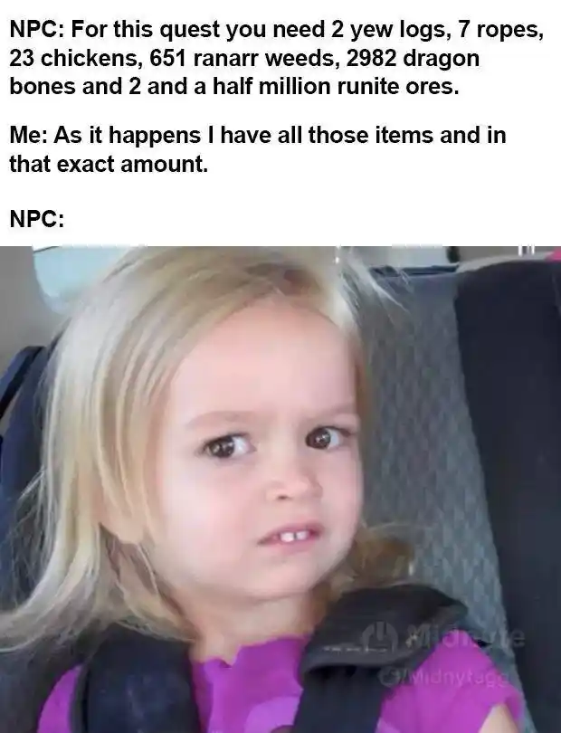 Side eyeing chloe meme npc doubts player has all quest items