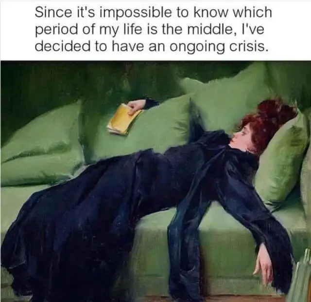 Midlife crisis meme lying tired on couch