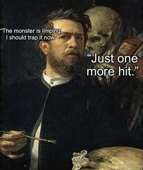 Skeleton whispering in man's ear meme urge one more hit