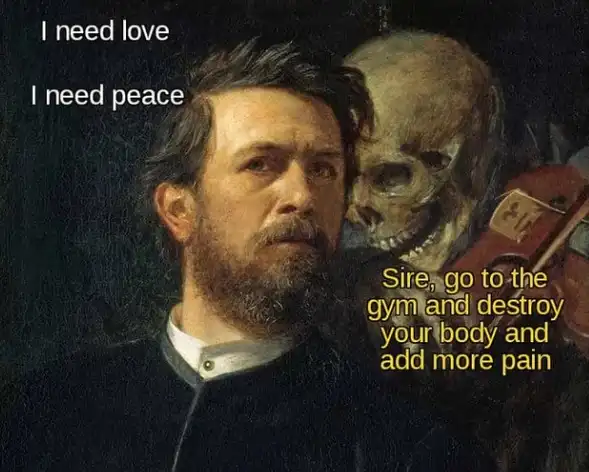 Skeleton whispering in man's ear meme tell man to go to gym for more pain