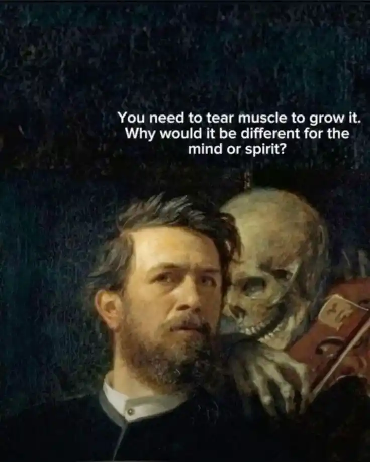 Skeleton whispering in man's ear meme talking about mind growth