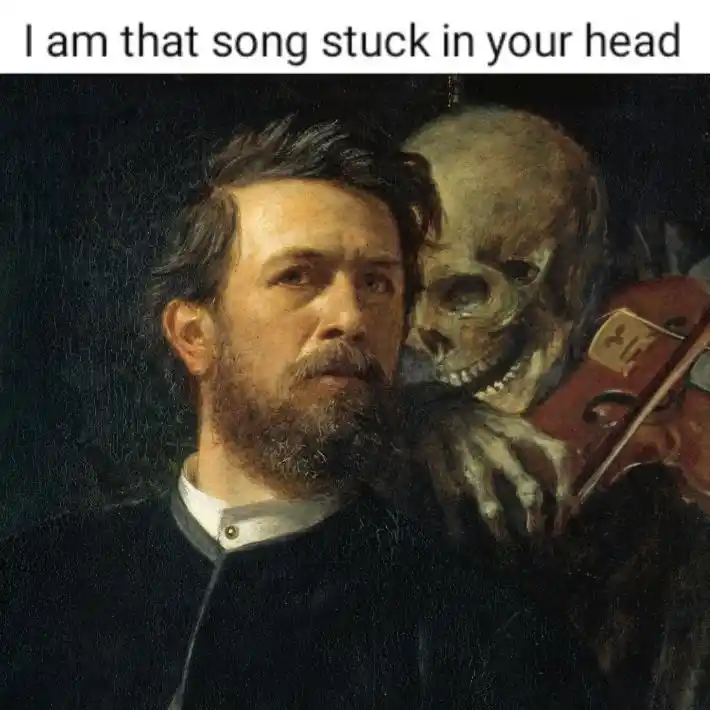 Skeleton whispering in man's ear meme plays violin stuck song