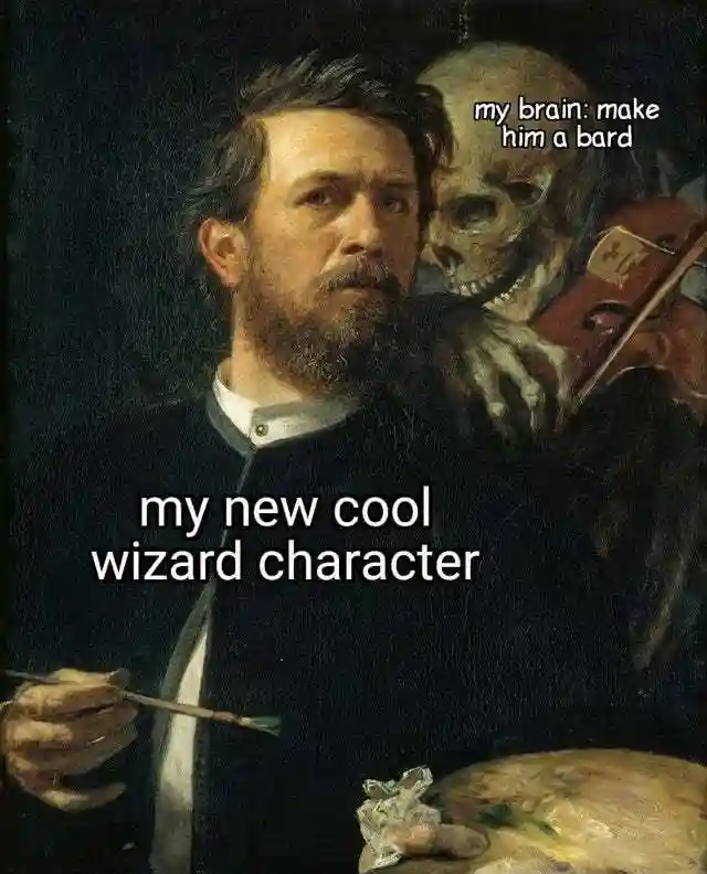 Skeleton whispering in mans ear meme make wizard bard