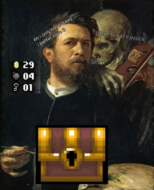 Skeleton whispering in man's ear meme tempting to open game chest