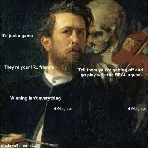 Skeleton whispering in man's ear meme urge to ditch irl friends for game