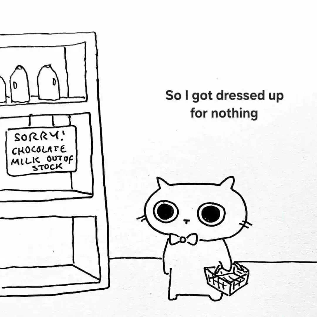 Cat dressed up for nothing meme chocolate milk out of stock
