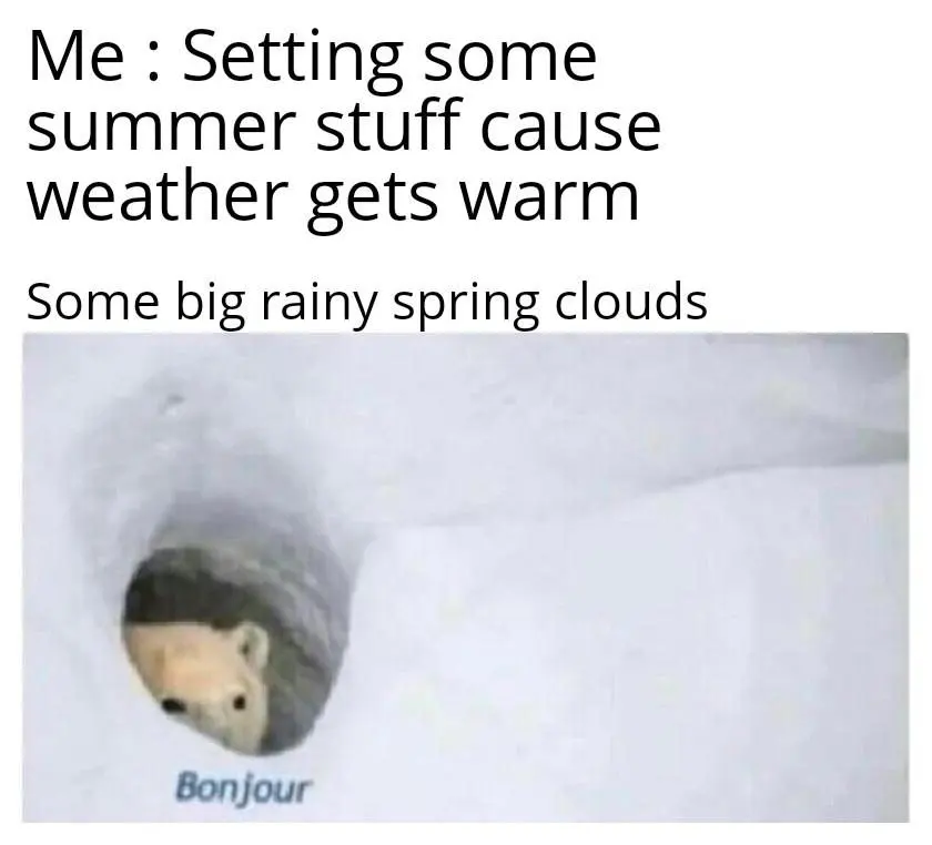 Spring rain meme greeting after summer prep
