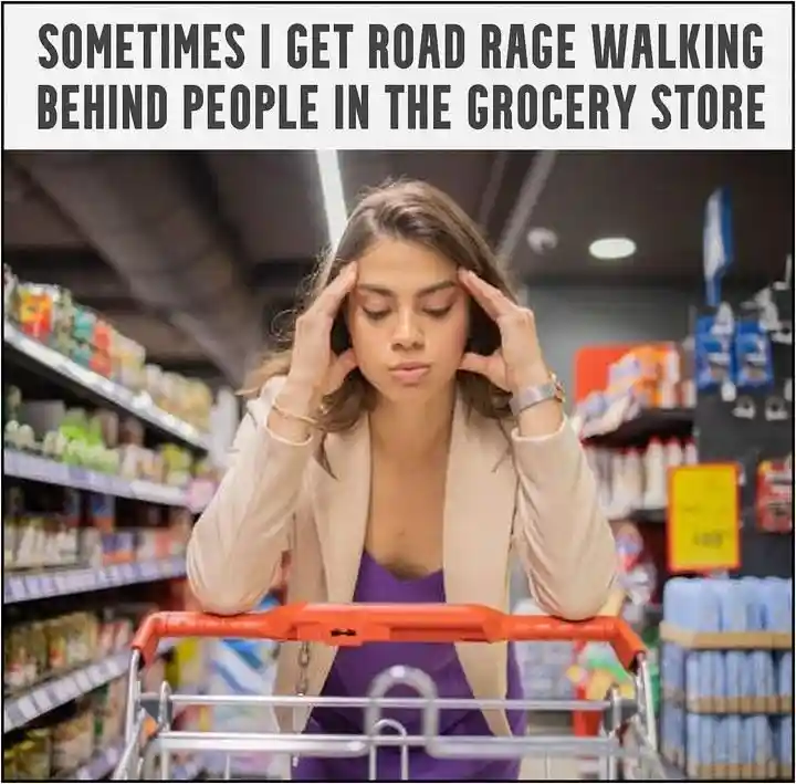 Grocery store road rage meme woman holds head
