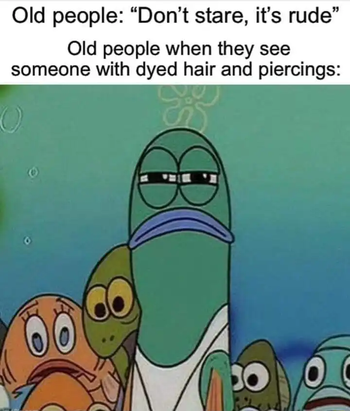 Spongebob squinting fish meme staring at dyed hair