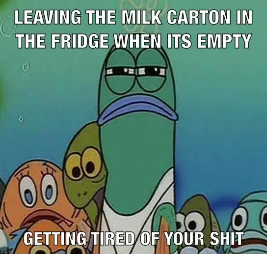 Spongebob squinting fish meme tired of empty milk carton in fridge