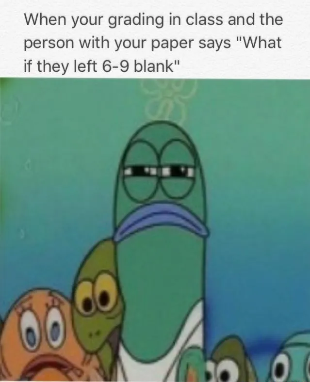 Spongebob squinting fish meme grading blank test papers