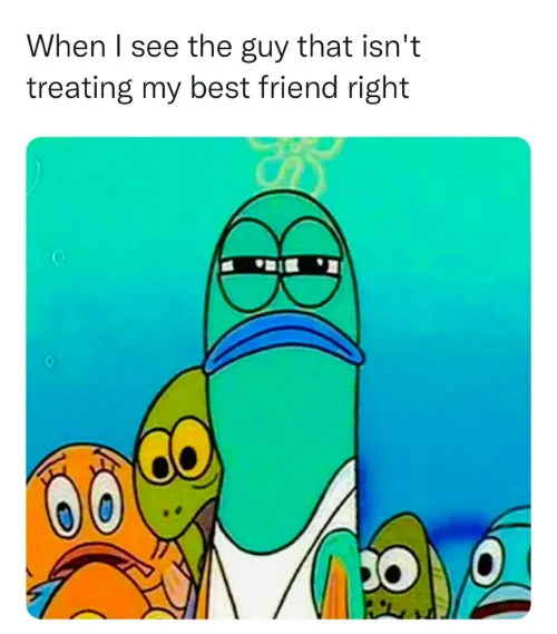 Spongebob squinting fish meme staring at guy hurting best friend