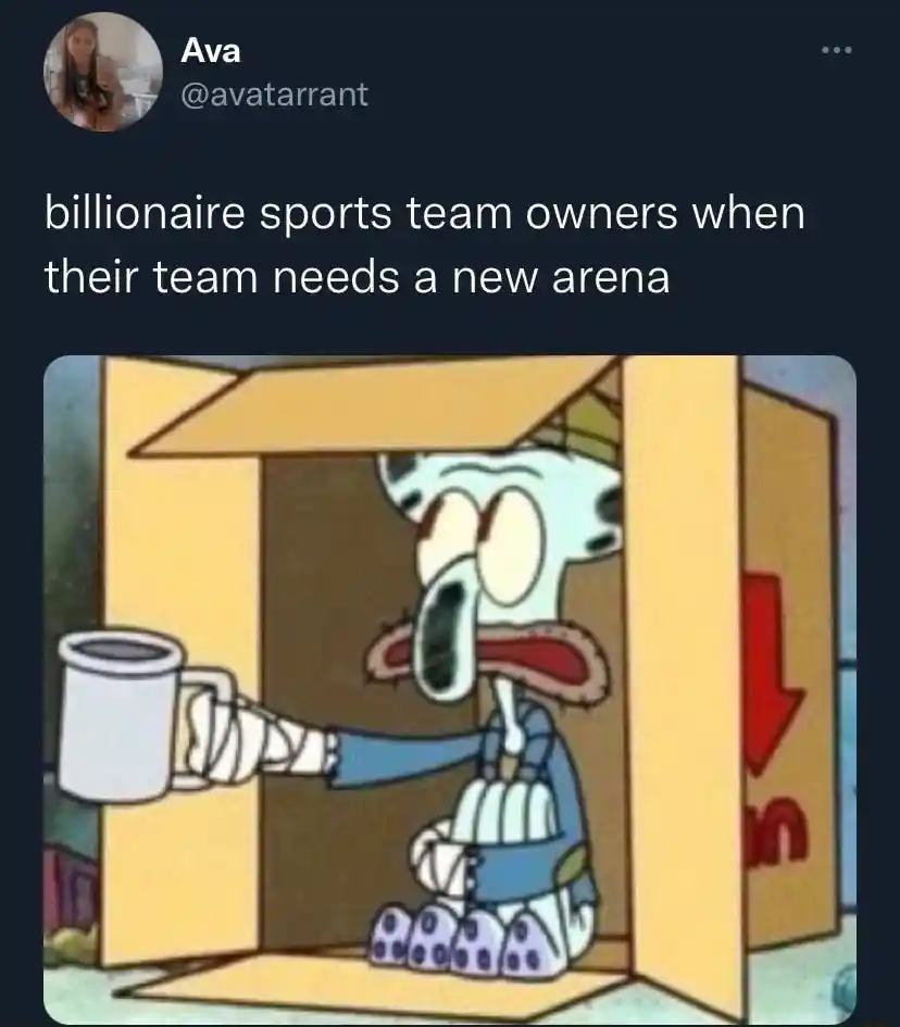 Squidward spare change meme begging for new arena funds