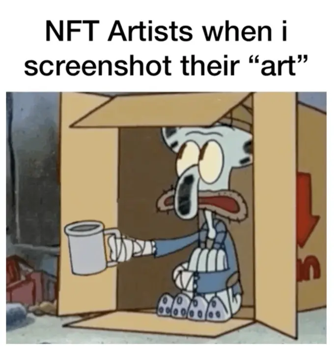 Squidward spare change meme NFT artists beg over art screenshot