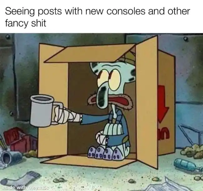Squidward spare change meme begging for new consoles