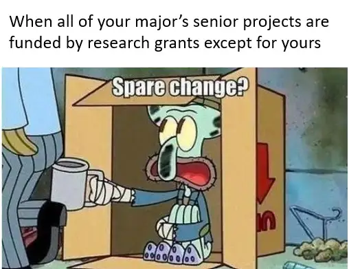 Squidward spare change meme begging for grant