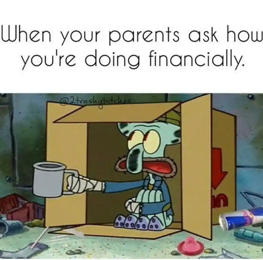 Squidward spare change meme begging for money