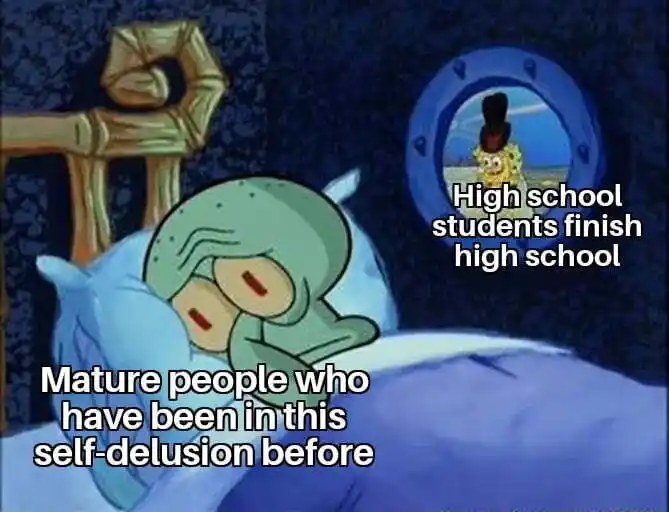 Squidward trying to sleep meme upset by grads