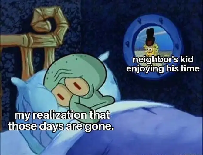 Squidward trying to sleep meme watching neighbor kid