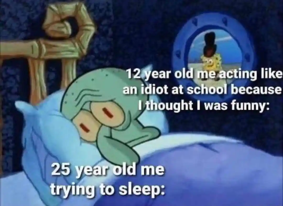Squidward trying to sleep meme cringing at old school moments