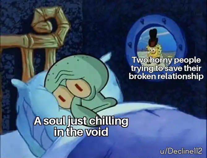Squidward trying to sleep meme annoyed by people fixing broken relationship