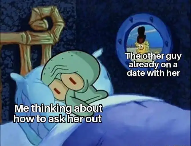 Squidward trying to sleep meme thinking to ask her out