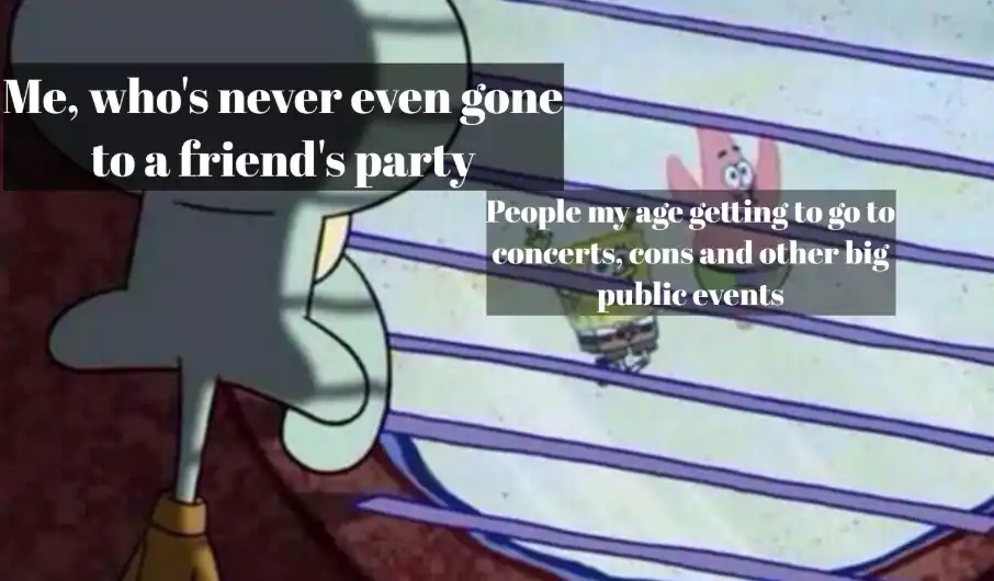Squidward window meme envying peers' fun events