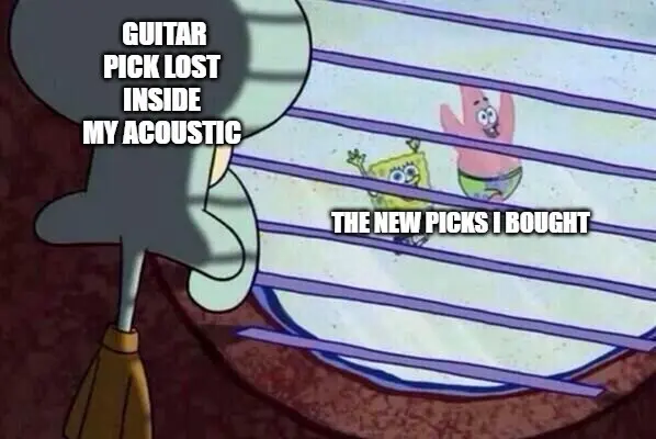 Squidward window meme sad over lost guitar pick