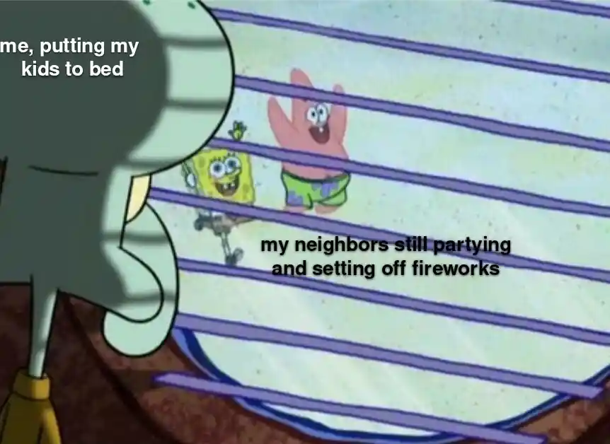 Squidward window meme annoyed at partying neighbors