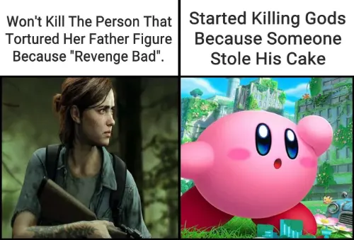 Ellie and Kirby meme comparing moral choices