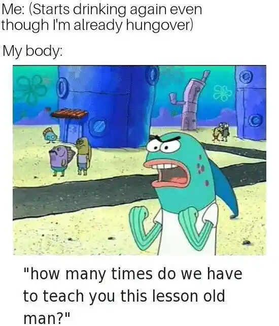 Hungover re-drinking meme yelling at you