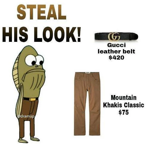 Spongebob fish steal his look meme listing his outfit items