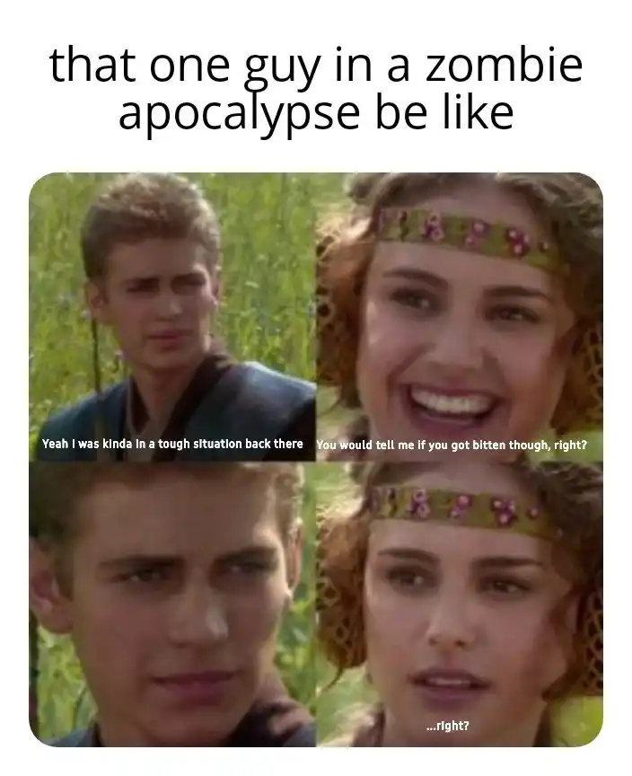 Zombie apocalypse guy meme hiding his bite