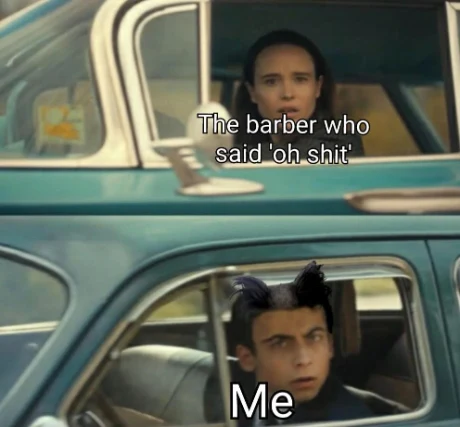Bad Haircut Barber meme mutual shocked stare