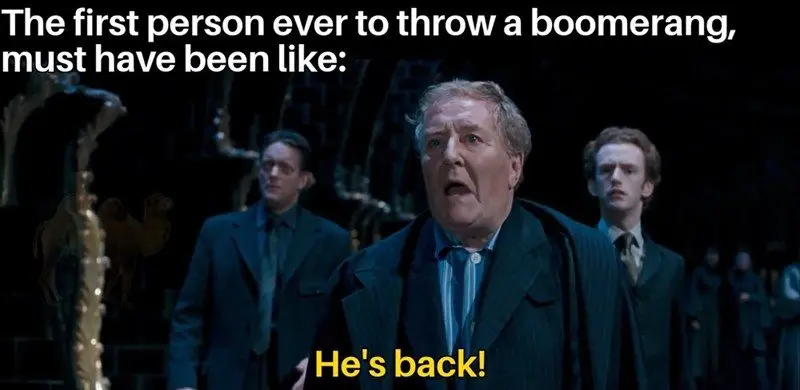 Boomerang thrower meme shocked at return