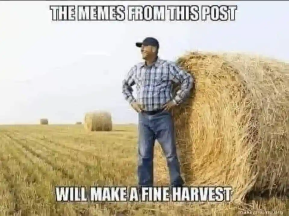 Farmer hay field meme expecting fine harvest