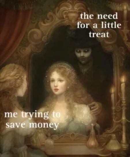 Save Money Little Treat meme, creepy figure behind mirror