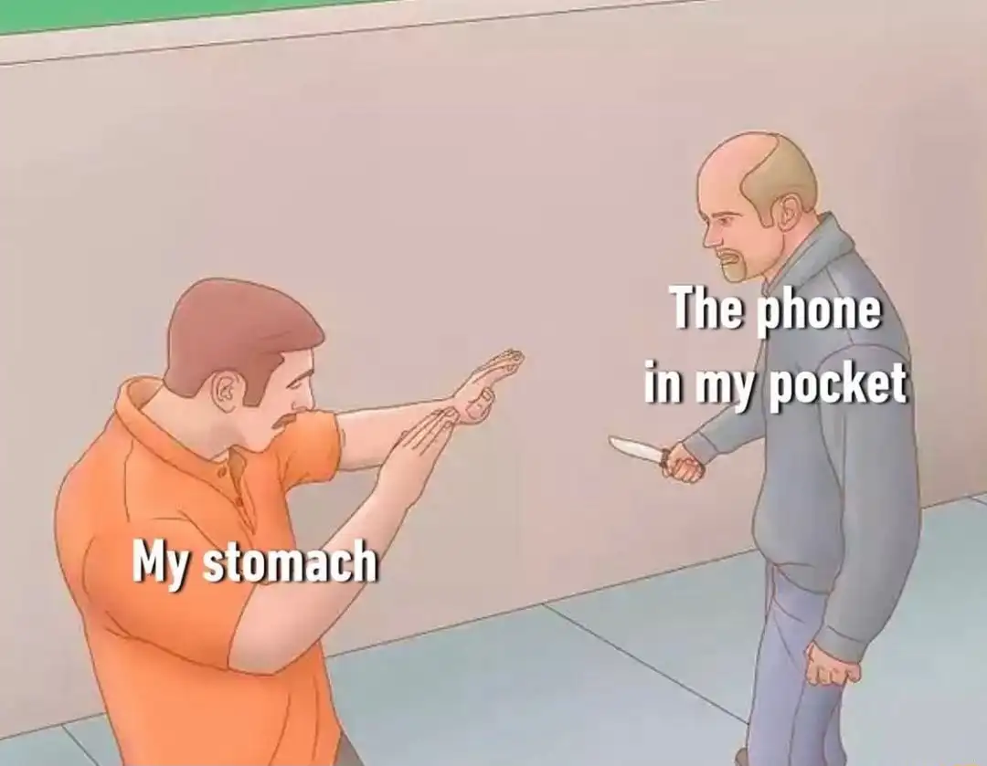 Stomach vs pocket phone meme blocking knife attack