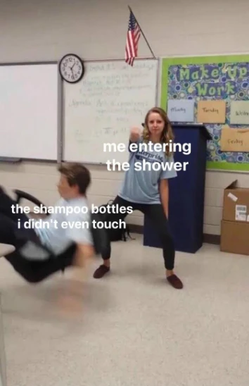 Shampoo bottles meme knocked over in shower