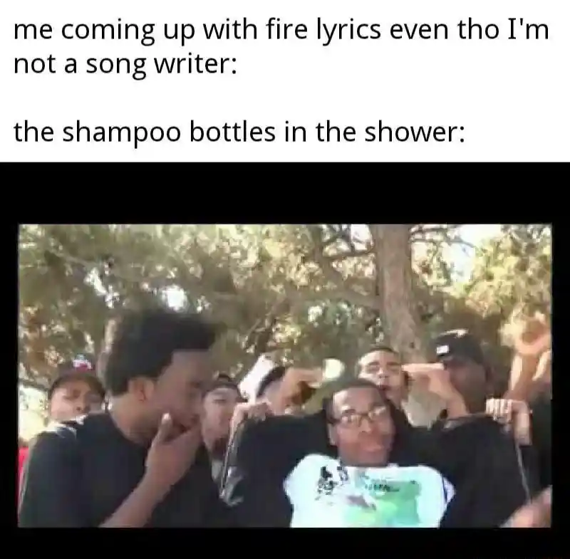 Shampoo bottles meme hyping shower rap lyrics
