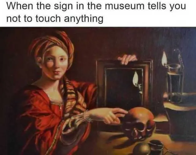 Museum no touching sign meme touching the skull
